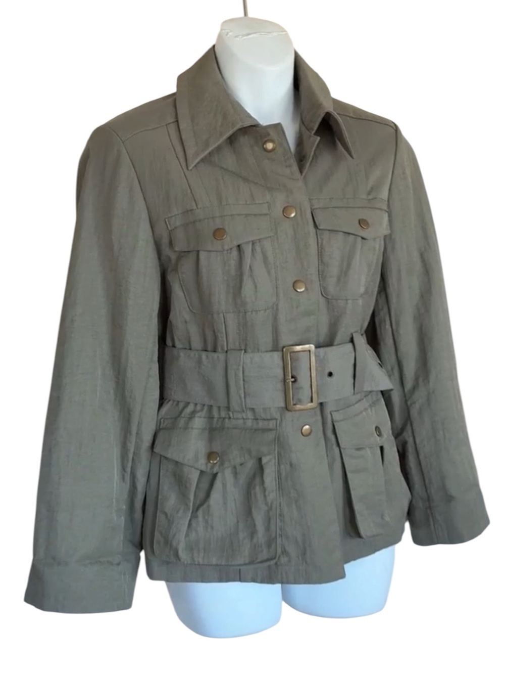 J. Jill Safari Jacket, women's, XSP, Olive Tan, EUC, belt, pockets, rain flap,